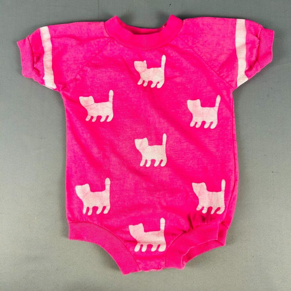 VTG Cotton Rainbow Santa Monica Baby Romper Bodysuit Pink Cat All Over Print